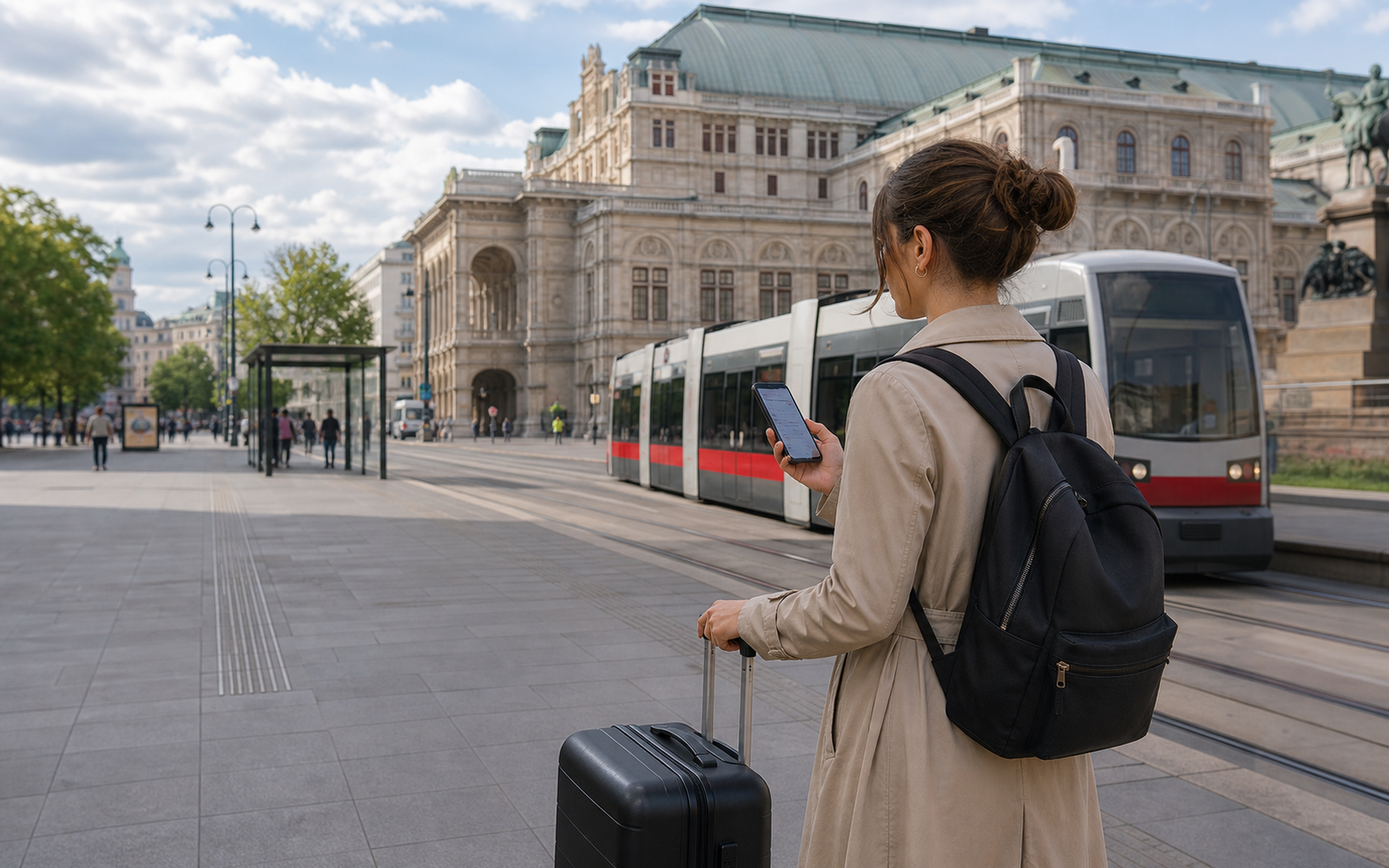 Custom editorial artwork for a traveler planning the vienna airport to city route, without text or logos.